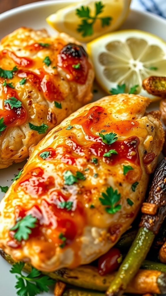 Garlic chicken with sauce and parsley, served with roasted vegetables and lemon.